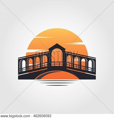 Vintage Rialto Bridge With Sunset Background Logo Design. Bridge Logo Illustration.