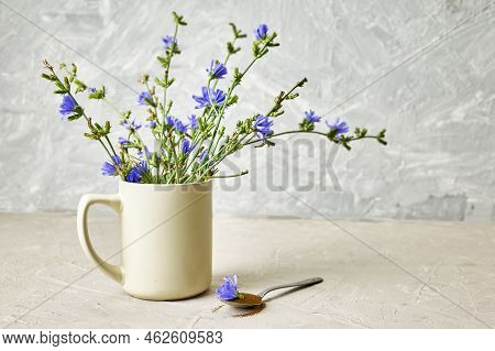 A Spoon With Chicory Flower And Chicory Powder And Chicory Flowers In A Coffee Mug