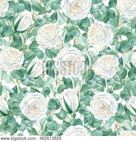 Seamless Pattern With White Roses And Eucalyptus Branches On White Background. Romantic Style. Water