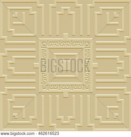 Textured Greek 3d Seamless Pattern. Surface Tribal Ethnic Style Emboss Yellow Background. Repeat Rel