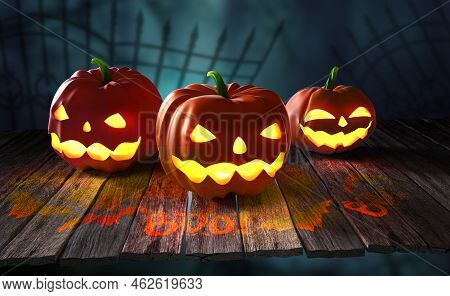Halloween. Pumpkin Ghost 3d Illustration. Jack Pumpkinhead, Jack-o-lantern. Burning Eyes On A Myster