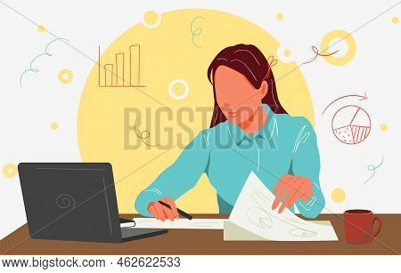 Beautiful Businesswoman Analyzing Data On Her Laptop. Company Business Marketing Evaluation. Flat Ve