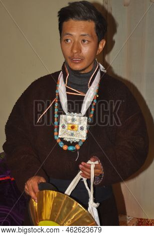 Front View Of A Good Looking Ladakhi Groom From Zanskar Valley Looking Sideways With Wearing Traditi