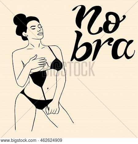 Girl With Bundle On Her Head Stands In Swimsuit And Takes It Off, Stops Wearing Bra. Handwritten Ins