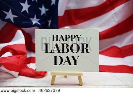 Happy Labor Day Text Messege  With Usa Flag On Wooden Background