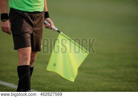 Giurgiu, Romania - June 29, 2020: Details Of A Linesman Referee During A Soccer Game