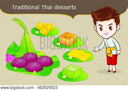 Thai Character In Traditional Costume Sawasdee And Welcome Presenting Traditional Thai Dessert Set