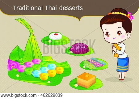 Thai Character In Traditional Costume Sawasdee And Welcome Presenting Traditional Thai Dessert Set