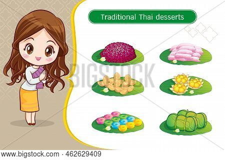 Thai Character In Traditional Costume Sawasdee And Welcome Presenting Traditional Thai Dessert Set