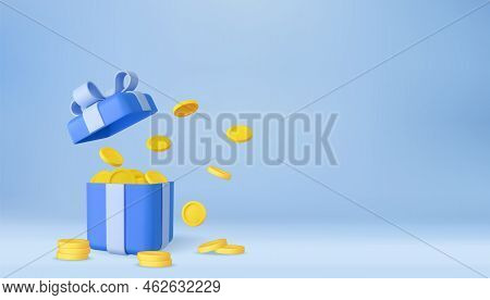 3d Open Gift Box Surprise With Gold Coins. Loyalty Program And Get Rewards, Money Prize Reward. Casi