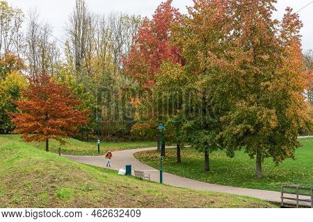 Jette, Brussels Capital Region - Belgium - 11 05 2020 Man Running In The Baudouin City Park During A