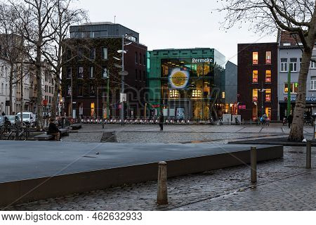 Antwerp, Flanders - Belgium - 12 28 2020 Local City Square At Dusk With The Facade Of The Library