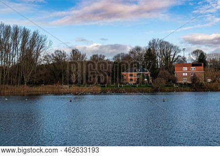 Anderlecht, Brussels Capital Region - Belgium - 12 25 2020 Two Holiday Houses At The Lake Of The Ped