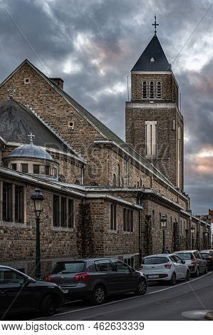 Jette, Brussels Capital Region, Belgium, 12 20 2020 - Our Lady Of Lourdes Church And Rectangular Tow