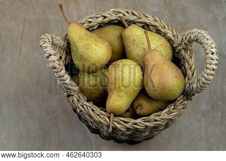 Pears In Basket On A Wooden Background. Fruit Harvest. Autumn Still Life. Pear Variety Bera Conferen