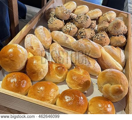 Fresh Baked Soft Bread Rolls And Hard Bread Rolls. Warm Fresh Buttery Rolls. Bakery Goodness Good Fo