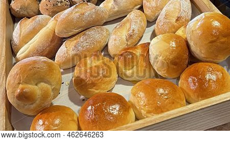 Fresh Baked Soft Bread Rolls And Hard Bread Rolls. Warm Fresh Buttery Rolls. Bakery Goodness Good Fo