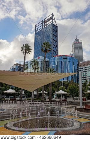 Perth, Western Australia - July 16, 2018: Bhp Billiton Water Park In Front Of The Skyscrapers Of The
