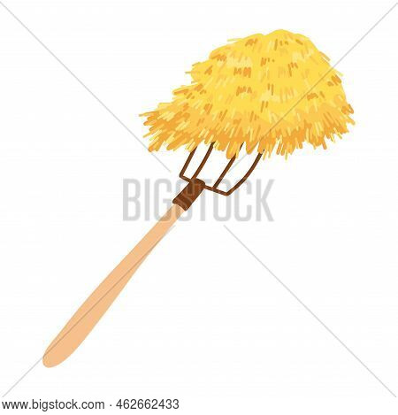 Pitchfork With Hay In Cartoon Flat Style. Vector Illustration Of Fodder Straw, Dried Farm Haystack, 