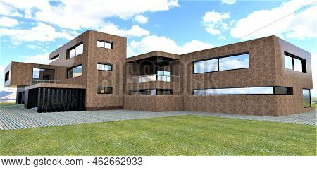 Modern Suburban Low-rise Office Built Of Old Natural Brick In A Minimalist Style. Long Narrow Corner