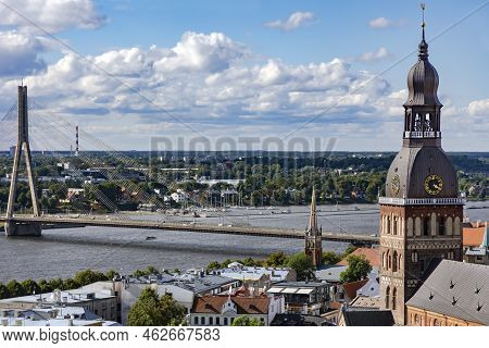 Aerial View From Saint Peters Church On Riga Old Town Overlooking The Dome Cathedral And The Vansu B