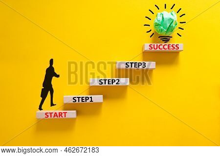 Strat, Step And Success Symbol. Concept Words Start Step 1 2 3 Success On Wooden Blocks On A Beautif
