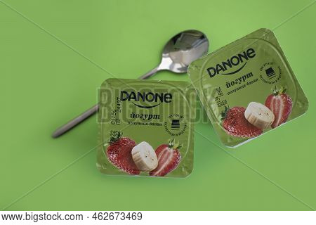 September 25, 2022 Ukraine City Of Kyiv Danone Yogurt On A Colored Background