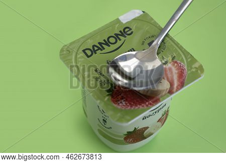 September 25, 2022 Ukraine City Of Kyiv Danone Yogurt On A Colored Background