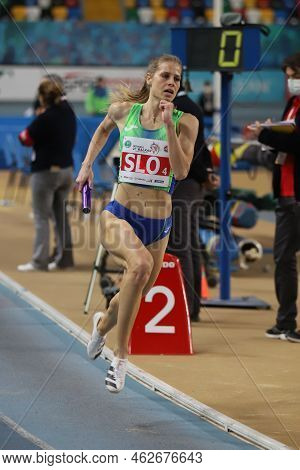 Istanbul, Turkey - March 05, 2022: Anita Horvat Running 4x400 Metres Relay During Balkan Athletics I