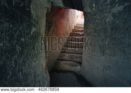 Stairs In Old Underground Chalky Cave Monastery.
