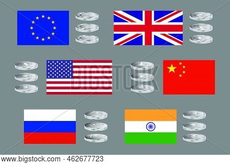 Set Of Vector Icons Of Major World Currencies With Country Flags In Silver Tones