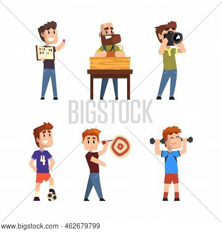 Creative Job, Profession Or Hobby Set. Philatelist, Carpenter, Photographer, Football Player, Dartsm