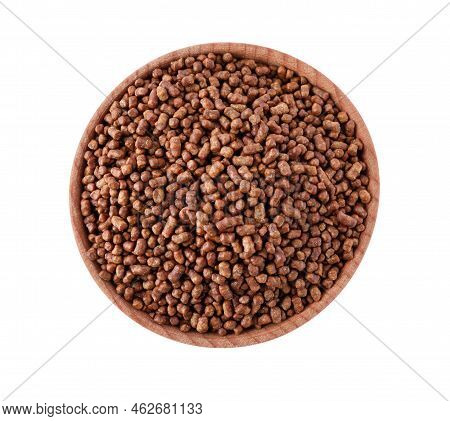 Buckwheat Tea Granules In Bowl On White Background, Top View
