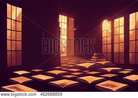 Dark Chamber With Magic Mirrors, Books And Scrolls. 3d