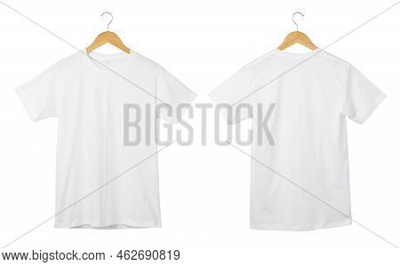 White T Shirt Mockup Hanging Isolated On White Background With Clipping Path, Realistic T-shirt.