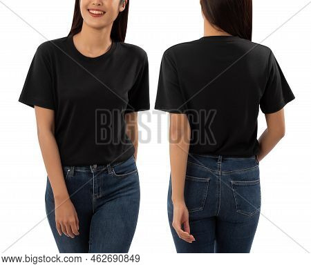 Young Woman In Black T Shirt Mockup Isolated On White Background With Clipping Path.
