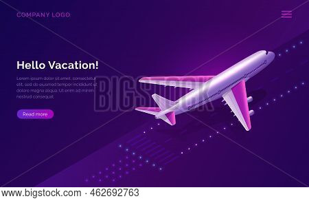 Hello, Vacation, Isometric Travel Concept Vector Illustration. Airport Runway With Burning Lights An