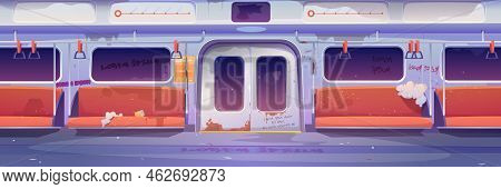 Metro In Getto, Empty Subway Tube Wagon Interior With Graffiti, Broken Seats And Garbage Around. Old
