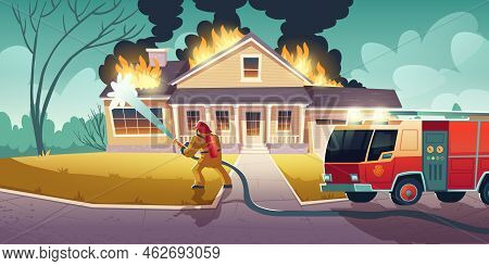 Fireman Extinguish Ignition In House. Firefighter Put Out Flame On Building Roof With Hose Water. Ve