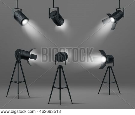 Spotlights For Studio Or Stage. Vector Realistic Set Of Glowing Floodlights For Illumination Show, C