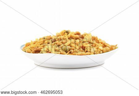 Indian Tasty Mix Namkeen Also Know As Namkin, Nimco And Mixture Isolated On White Background