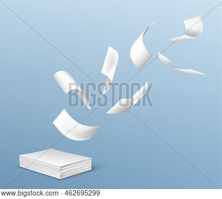 Flying White Paper Sheets From Stack Of Documents. Vector Realistic Illustration Of Chaotic Flight O