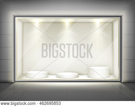 Showcase With Glass Wall, Round Podiums And Spotlights. Vector Realistic Mockup Of Empty Display Sta