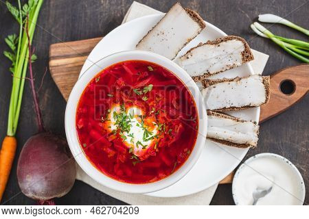 Ukrainian Red National Dish Borsch, Beet Soup, Added To Unesco List. Borscht With Sour Cream. Beetro