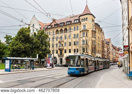 Munich, Germany - July 4, 2011 : Public Tram Running Along Thiersch Strasse (street) In Munich City.