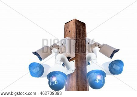 Multi-angle Cctv System On Wooden Poles, Background Blast Cipping Path