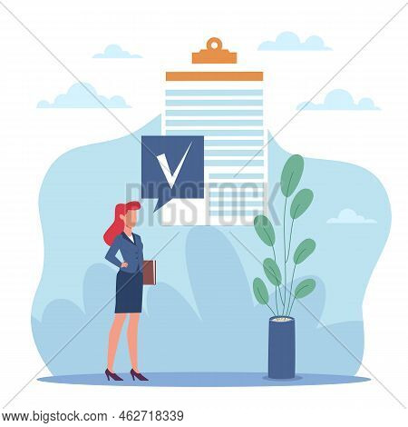 Completed Task, Positive Checklist Result, Passed Exam. Business Woman With Document Or To Do List, 