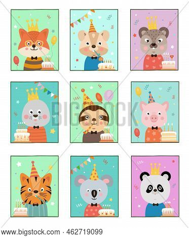 Farm Animal Birthday Posters, Celebrate Holiday Party, Children Characters In Festive Cap With Cake,