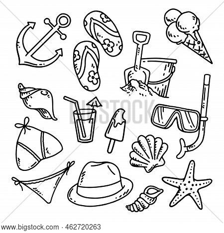 Hand Drawn Doodle Beach Set Illustration Vector