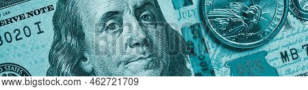 American Money Close-up. 100 Dollar Bill And 1 Dollar Coin. Benjamin Franklin And Statue Of Liberty.